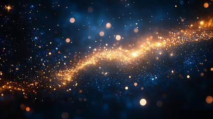 Golden blue particles swirl, dark background, cosmic texture, design element