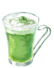 ガラスのカップに入った温かい抹茶カプチーノの水彩イラスト