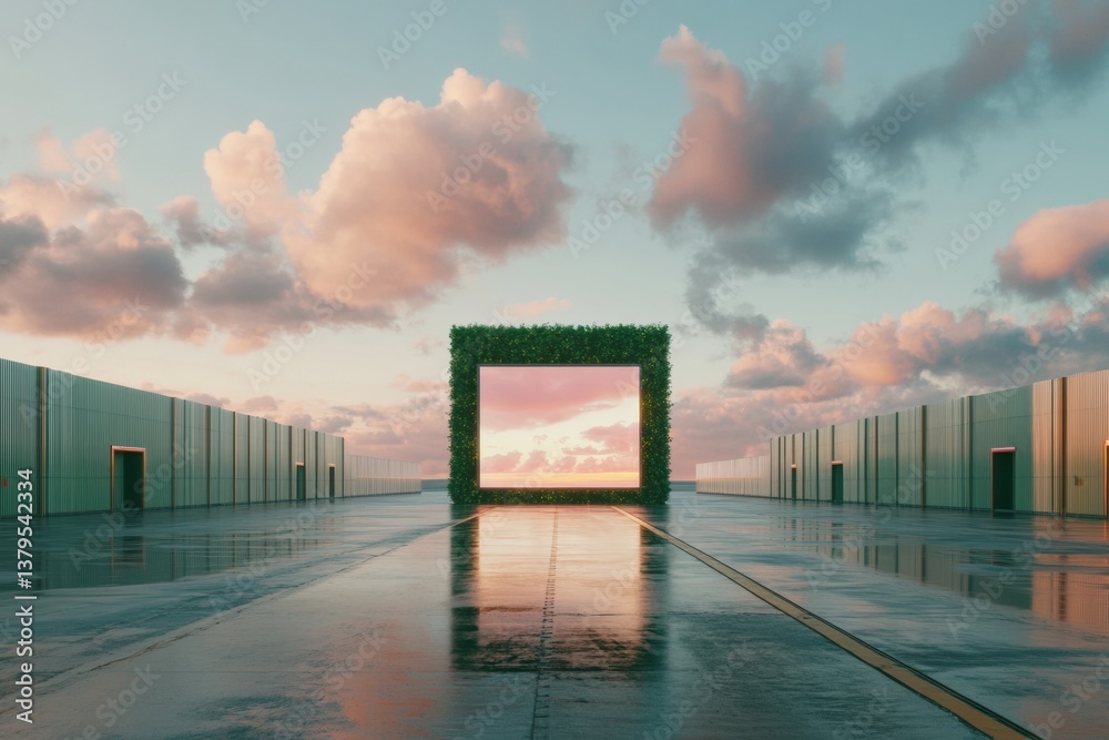 Poster minimalist green tech portal sustainable design visualization with reflective architectural landscap