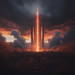 Apocalyptic Sci-Fi Landscape Dramatic Vertical Light Beam Illuminating Dark Futuristic Monoliths with Moody Cinematic Atmosphere