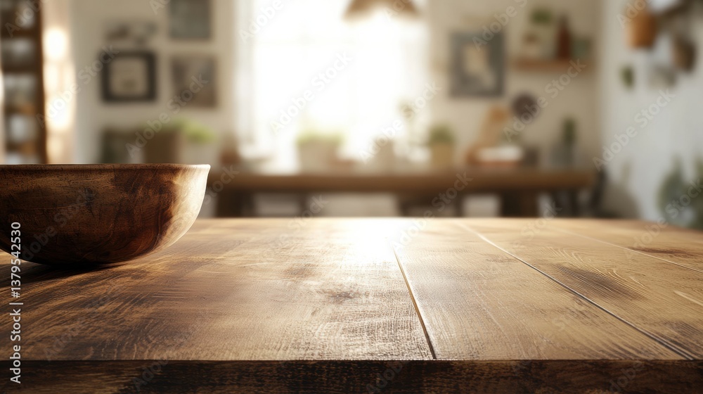 Poster Rustic Minimalist Product Staging Weathered Oak Table Surface with Soft Bokeh Backdrop - Authentic Lifestyle Content Creation for Mindful Brands