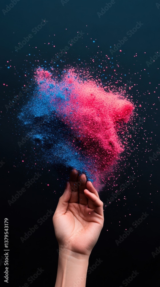 Poster Digital Emotion Explosion Vibrant Color Dust Particle Dynamics Revealing Creative Consciousness, Millennial Artistic Expression and Sensory Brand Storytelling