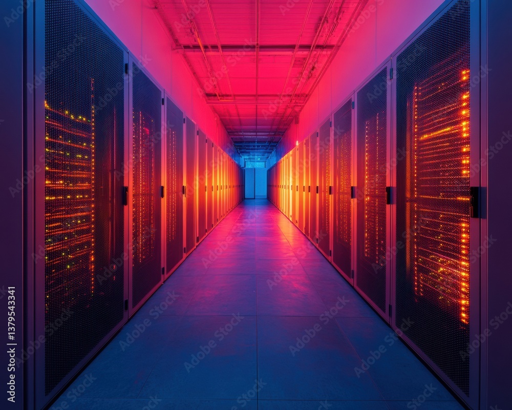 Aufkleber Cyberpunk Digital Infrastructure Immersive AI-Powered Server Corridor Visualizing Next-Gen Cloud Computing Technologies with Atmospheric Neon Lighting Design