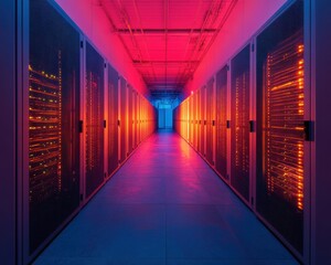 Cyberpunk Digital Infrastructure Immersive AI-Powered Server Corridor Visualizing Next-Gen Cloud Computing Technologies with Atmospheric Neon Lighting Design