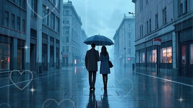lofi love couple night love rain with umbrella full moon 4k video walking in the city