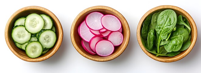 Sliced Cucumber, Radish, and Spinach in Bowls