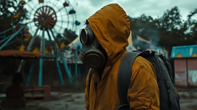 A Mysterious Figure Wearing a Gas Mask is Spotted at an Abandoned Carnival, Evoking Enigmatic Atmosphere