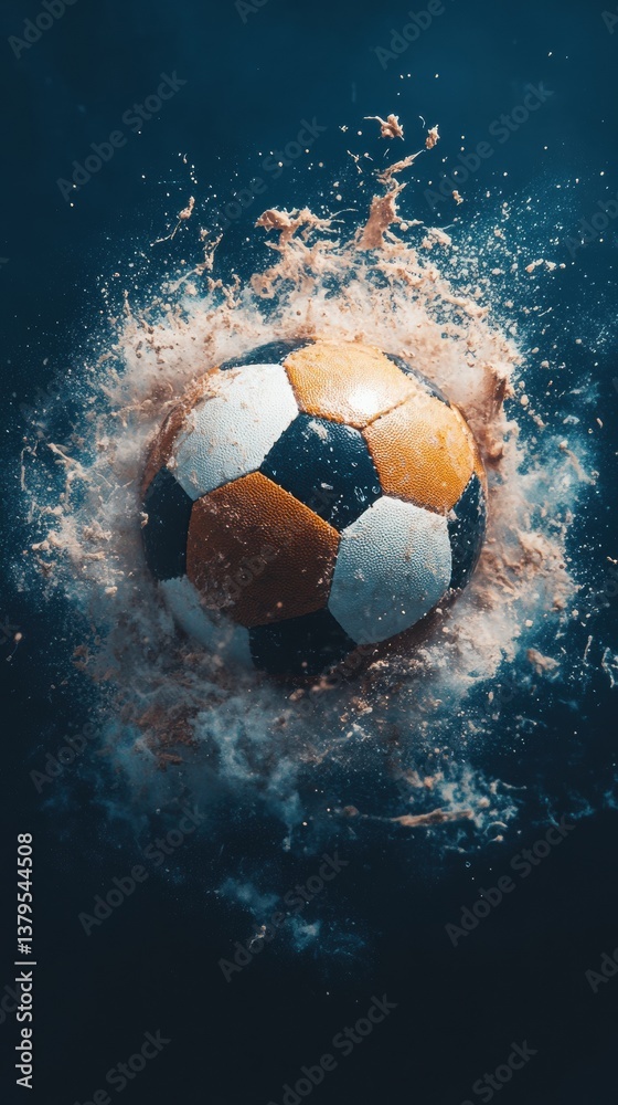 Poster explosive dynamic soccer ball high-impact sports performance visualization in hyper-realistic motion