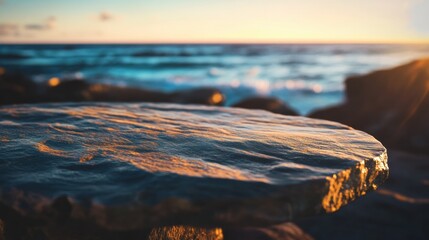 Obraz premium Sustainable Coastal Minimalism Golden Hour Stone Surface Mockup for Eco-Conscious Product Visualization with Marine Conservation Aesthetic