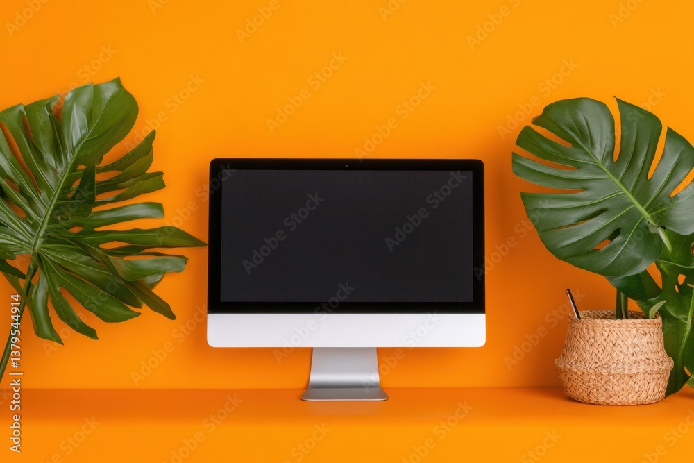 Aufkleber vibrant biophilic workspace minimalist tech meets nature - ergonomic home office design with bold co