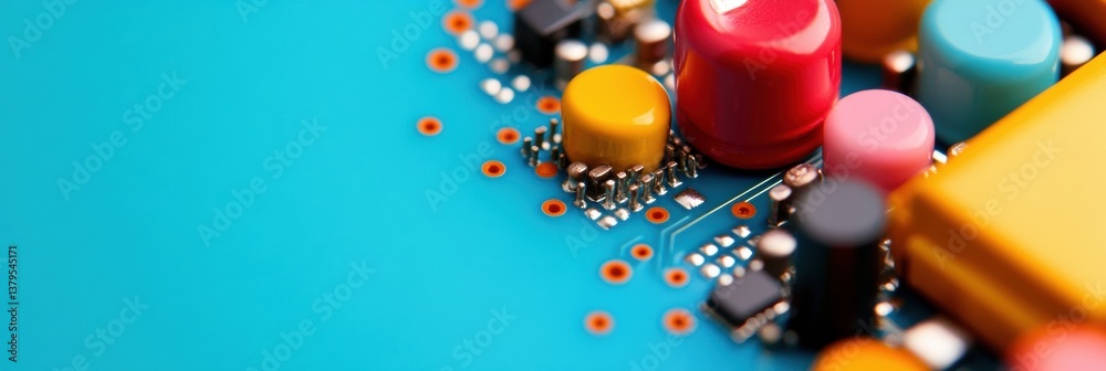 Fototapete Vibrant Tech Innovation Macro Circuit Board Design with Bold Color Palette - Next-Gen Electronics Prototyping for Creative Digital Entrepreneurs