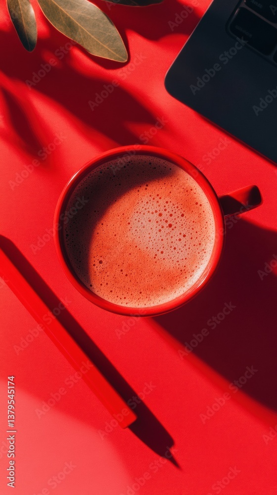 Poster Hyper-Minimalist Remote Work Aesthetic Vibrant Red Workspace with Coffee and Productivity Tools - Digital Nomad Efficiency in Modern Professional Design