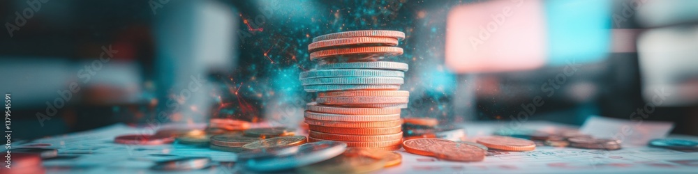 Fototapete Quantum Financial Analytics Immersive Gradient Coin Stack Visualization for Next-Gen Investment Strategy, Digital Wealth Transformation and Predictive Economic Modeling