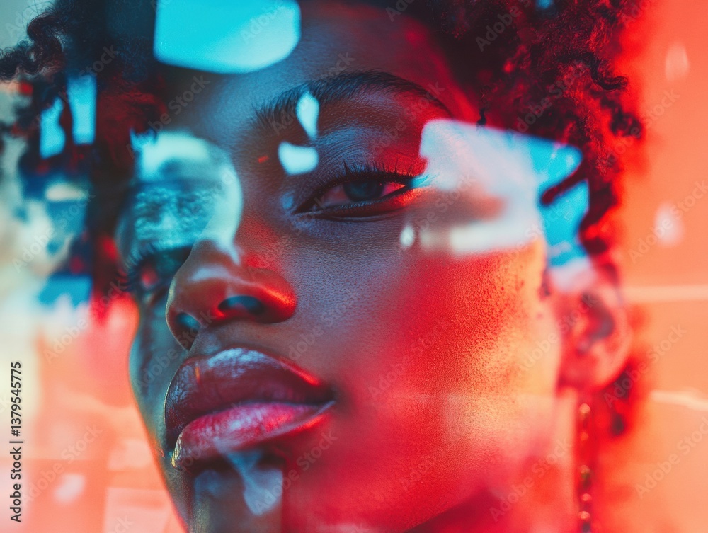 Poster Cyberpunk Aesthetic Luminous Intimate Portrait Exploring Gen Z Digital Identity with Neon Color Overlay - Immersive Visual Storytelling for Creative Branding