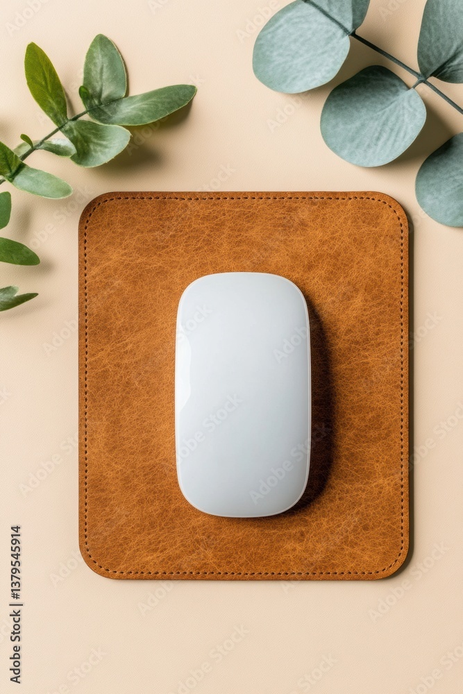 Poster minimalist tech wellness ergonomic white mouse on luxe leather pad with botanical styling - producti