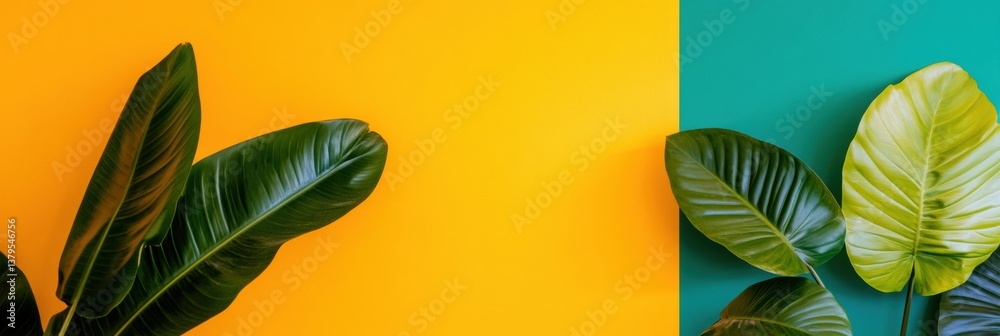 Poster vibrant botanical minimalism abstract tropical leaf design with bold color-block backdrop - contempo