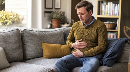 Obraz premium Man experiencing stomach pain on living room sofa, home background