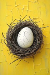 A bird's resting on a bright yellow painted wall showcasing natural materials and the beauty of nesting habits