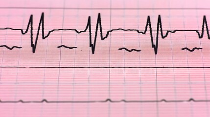 Close up view of an electrocardiogram EKG screen displaying irregular heart rhythm patterns indicating a potentially stressful or critical medical situation