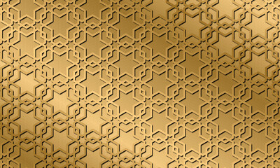 Luxurious Islamic geometric pattern with an intricate gold motif featuring interlocking stars and lines on a textured background. Perfect for Ramadan, Eid, and festive designs.
