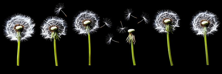 Close up view of fresh dandelion seeds dispersing and floating away in the air symbolizing movement and the natural cycle of growth and change