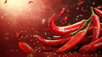Close-up of Red Chili Peppers with Sparkling Particles on Red Background