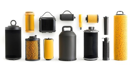 Fototapeta premium Different types of water systems for aquariums including canister hang on back and sponge filters displayed on a white background