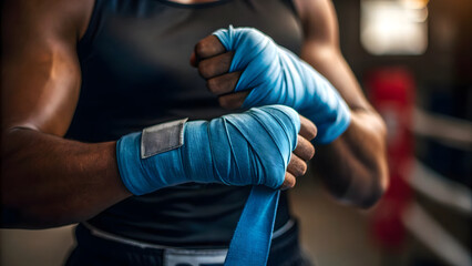 boxing gloves Boxer wrapping hands with blue bandages in preparation for training with gloves in dimly lit gym