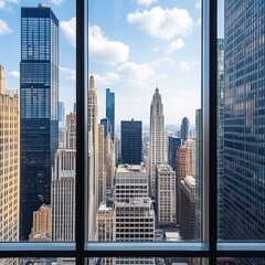 Fototapeta premium Panoramic view of a bustling city skyline through a window framed by modern architecture and urban elements