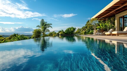A crystal-clear swimming pool reflecting the summer sky.