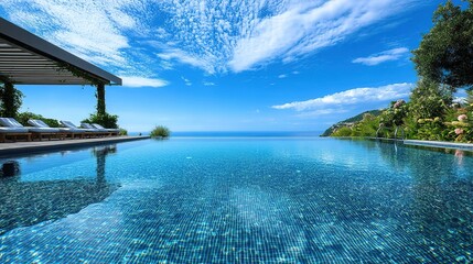 Obraz premium A crystal-clear swimming pool reflecting the summer sky.