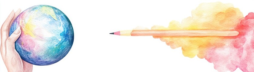 Obraz premium Hand Holding Colorful Globe with Creative Pencil Illustration and Vibrant Watercolor Splash Effect for Artistic and Imaginative Concepts