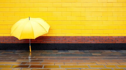 Yellow umbrella leaning against yellow brick wall, wet pavement, rainy day, urban backdrop, advertising