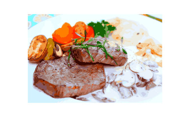 美味しそうなビーフステーキと、付け合わせの野菜