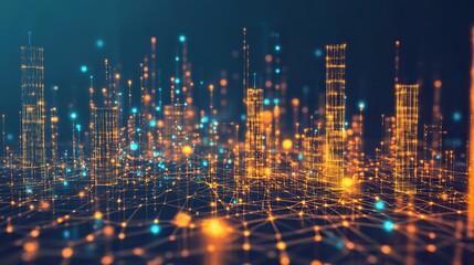 Abstract digital cityscape visualization with glowing interconnected nodes