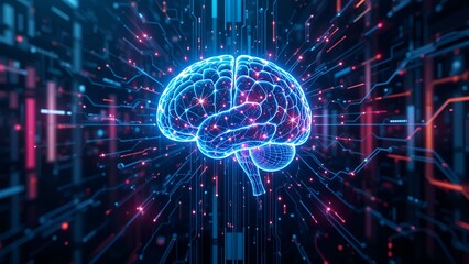 futuristic AI technology concept with neon lights, digital brain, high-tech background 