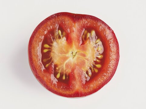 Sliced Tomato Close-up Showing Seeds and Pulp on White Background