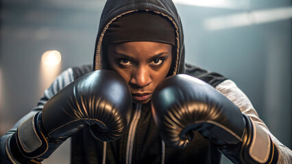boxing gloves Focused boxer wearing gloves in gym ready for match