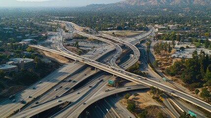 An aerial view of a busy highway interchange, with multiple lanes and roads intersecting, leaving space for text above.