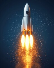 Obraz premium Dramatic scene of a rocket launching into space with flames and smoke billowing against a clear blue sky