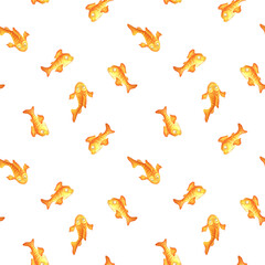 Minimalistic marine seamless pattern with yellow-orange fish on white background. Hand drawn watercolor light ornament of small goldfish is suitable for fabric, textile, wallpaper, crockery design