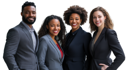 Diverse Business Team Smiling African American Man and Three Women in Suits on Transparent