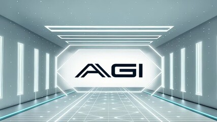 Artificial General Intelligence concept. Futuristic hallway with bright lights and AGI logo prominently displayed.