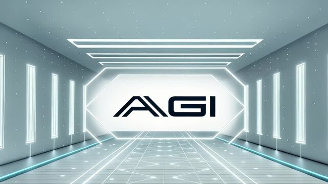 Artificial General Intelligence concept. Futuristic hallway with bright lights and AGI logo prominently displayed.