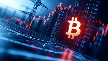 A vibrant digital representation of Bitcoin with fluctuating graphs, symbolizing the growth and volatility of cryptocurrency markets.