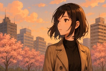 桜咲く街を見つめるアニメの女性

