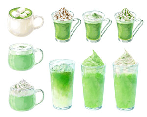 抹茶ドリンクの水彩イラストセット