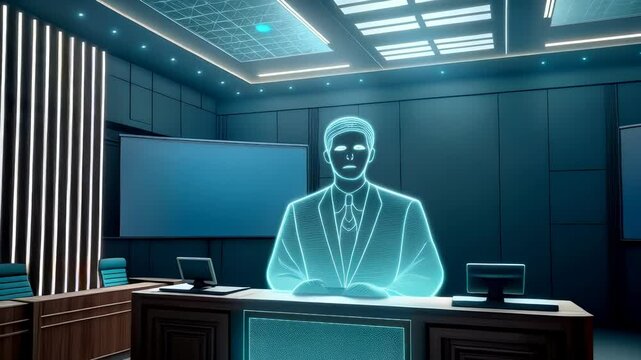 AGI Impact concept. A futuristic meeting room featuring a holographic figure of a person at a central table, surrounded by screens and modern decor.