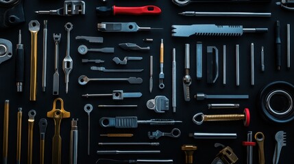 Fototapeta premium Assortment of tools arranged on a dark background