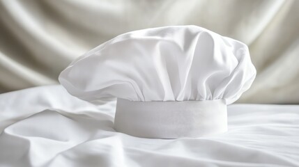 A fluffy chef hat placed on a clean white surface with soft lighting and plenty of space above for copy.